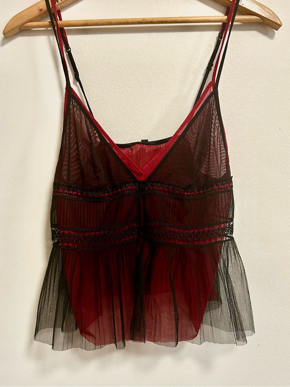 Sheer Red and Black Lace Tulle Vintage Babydoll Camisole
